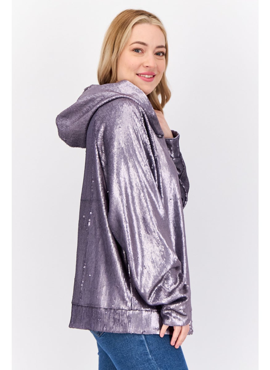 Women Sequined Long Sleeve Hoodie, Purple