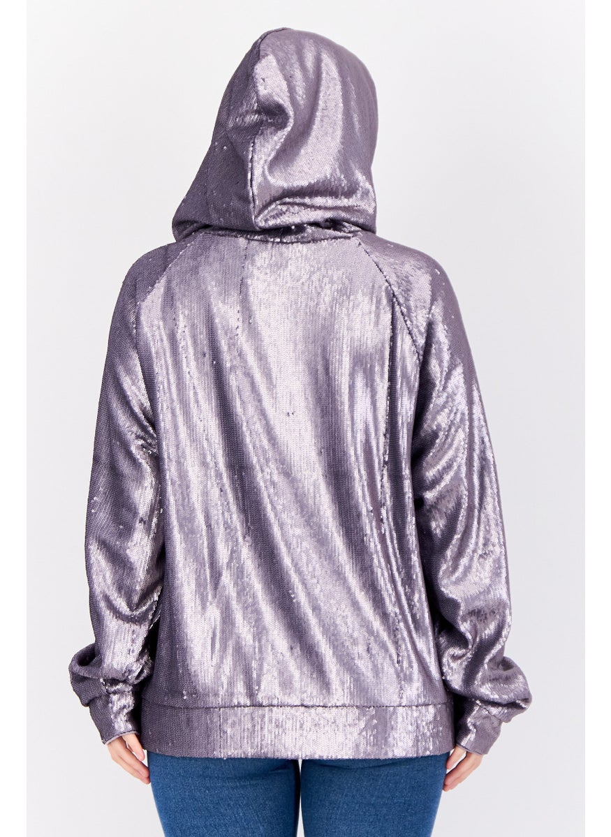 Women Sequined Long Sleeve Hoodie, Purple