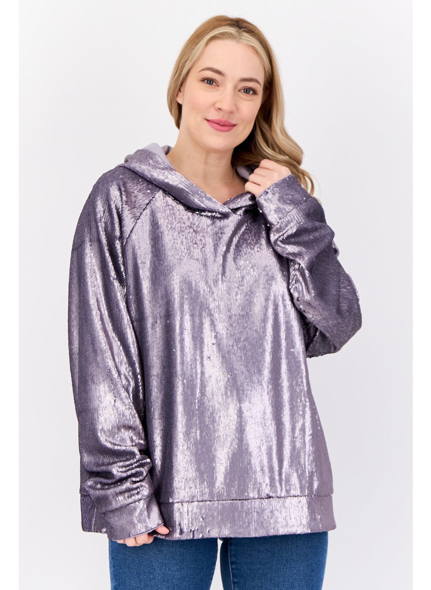 Women Sequined Long Sleeve Hoodie, Purple