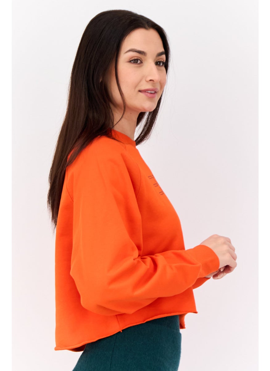 Women Regular Fit Brand Logo Long Sleeves Crop Sweatshirt, Orange