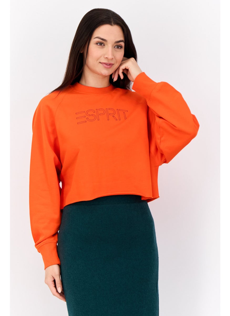 Women Regular Fit Brand Logo Long Sleeves Crop Sweatshirt, Orange