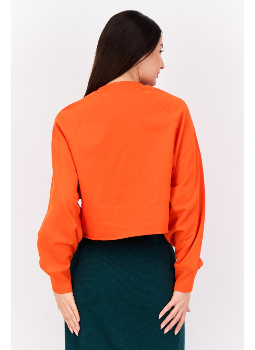 Women Regular Fit Brand Logo Long Sleeves Crop Sweatshirt, Orange