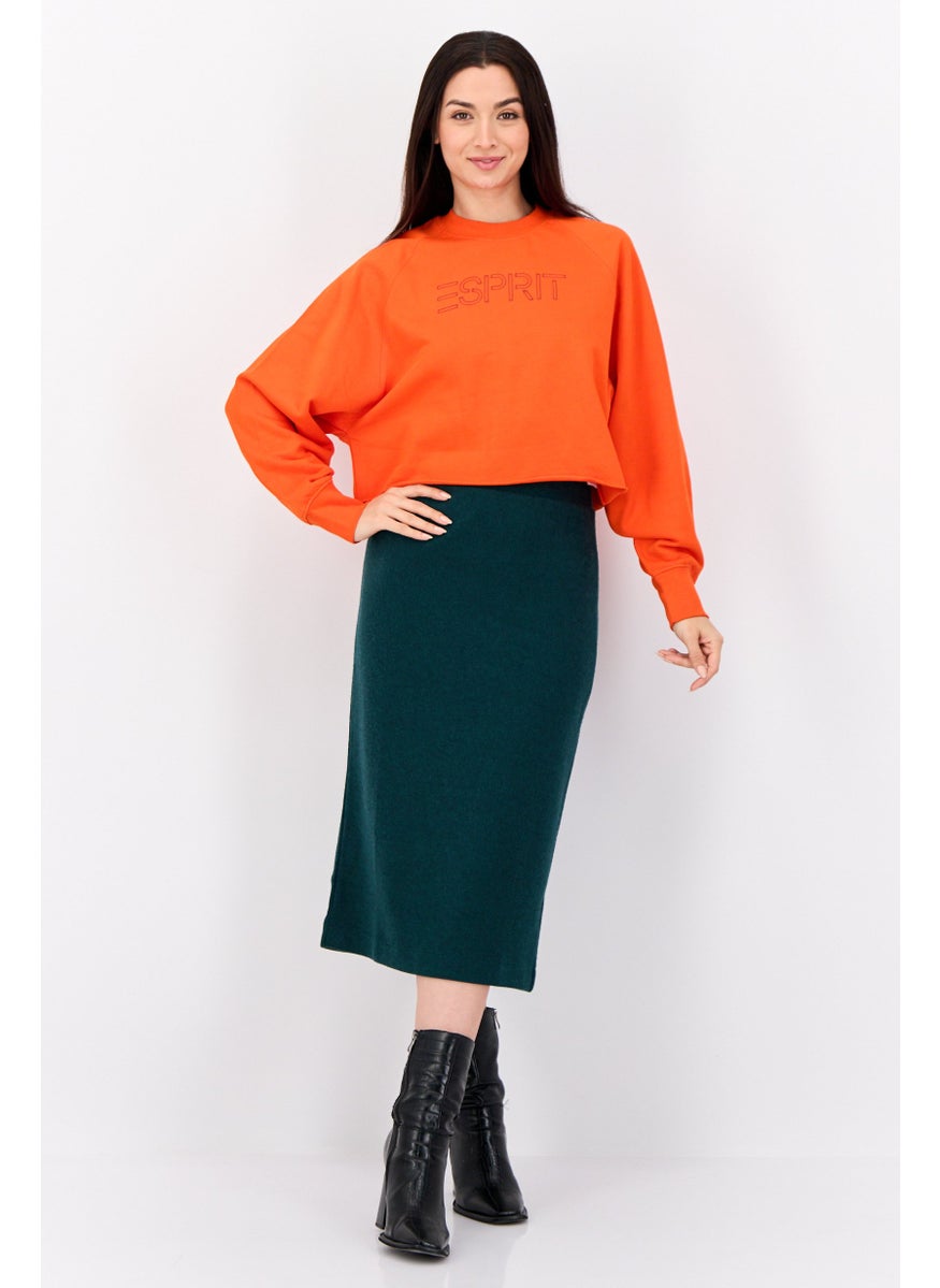 Women Regular Fit Brand Logo Long Sleeves Crop Sweatshirt, Orange