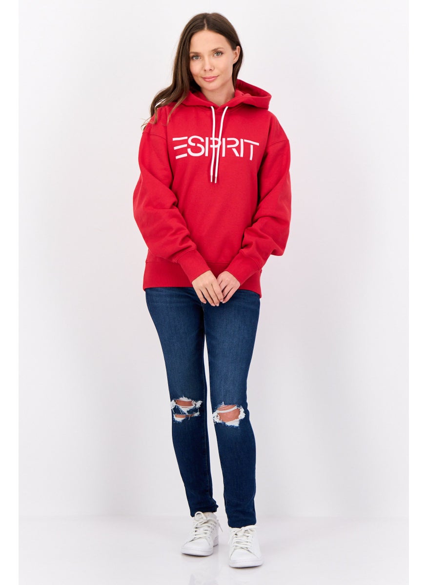 Women Long Sleeves Brand Logo Hooded Sweatshirts, Red