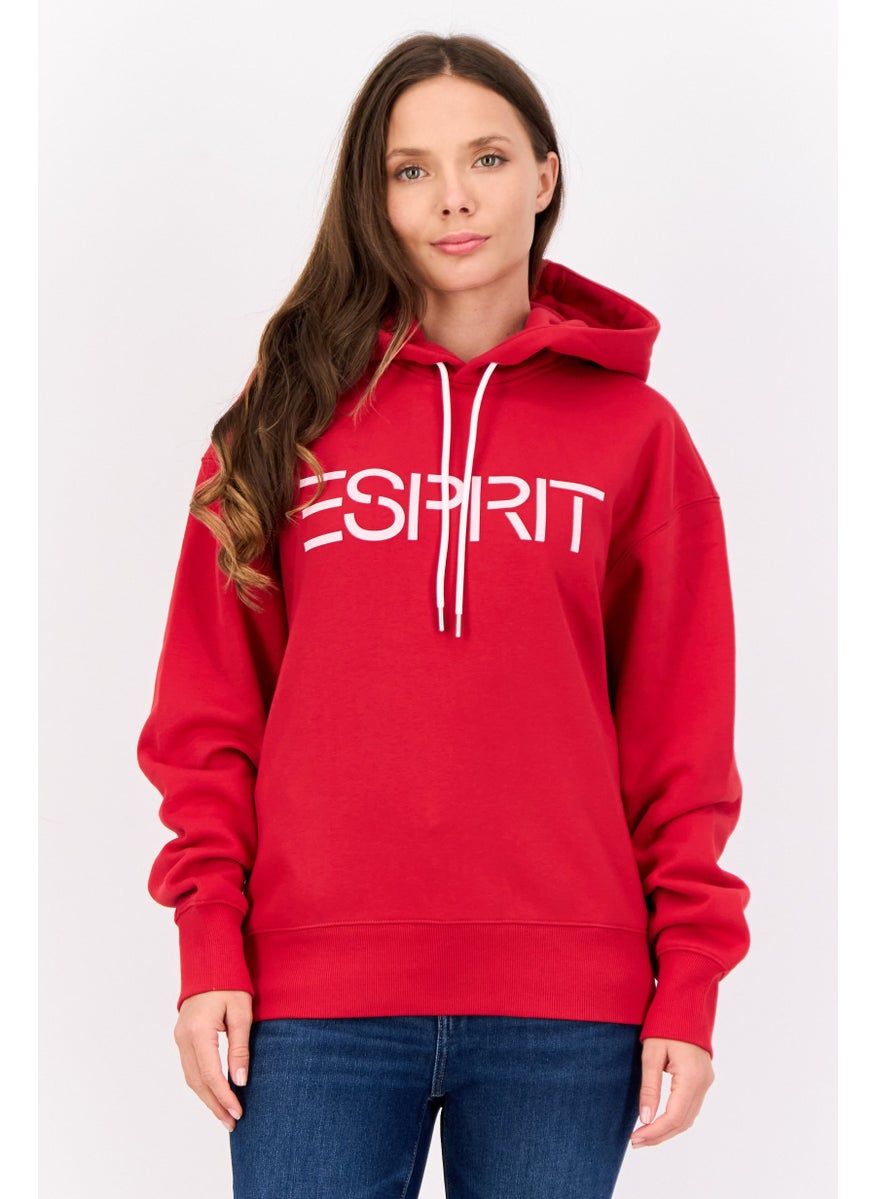Women Long Sleeves Brand Logo Hooded Sweatshirts, Red