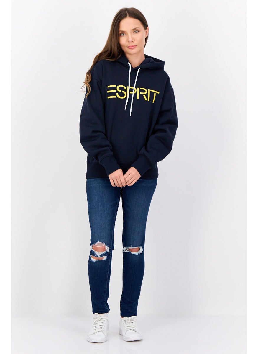 Women Hooded Long Sleeves Brand Logo Sweatshirt, Marine Navy