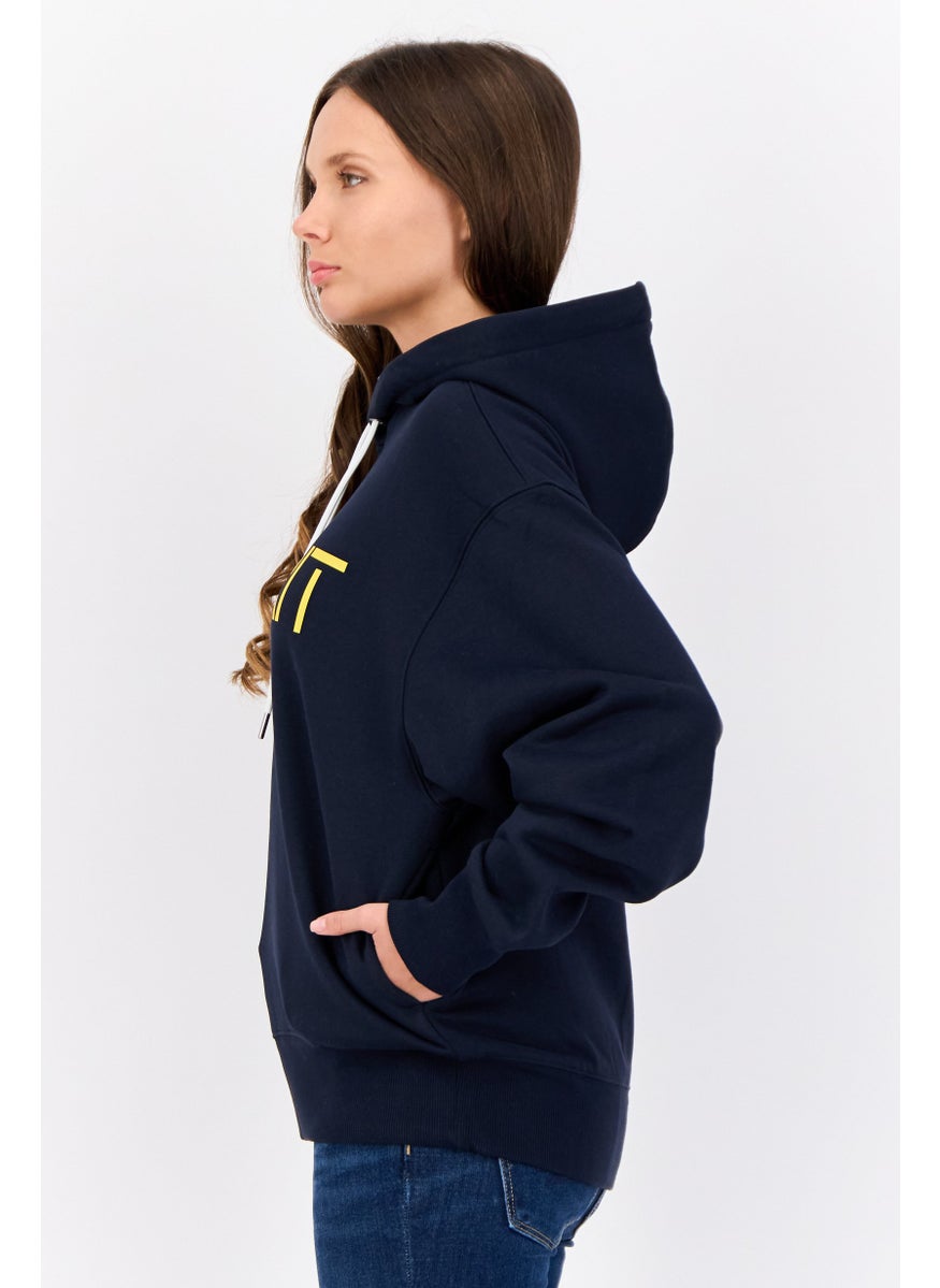 Women Hooded Long Sleeves Brand Logo Sweatshirt, Marine Navy