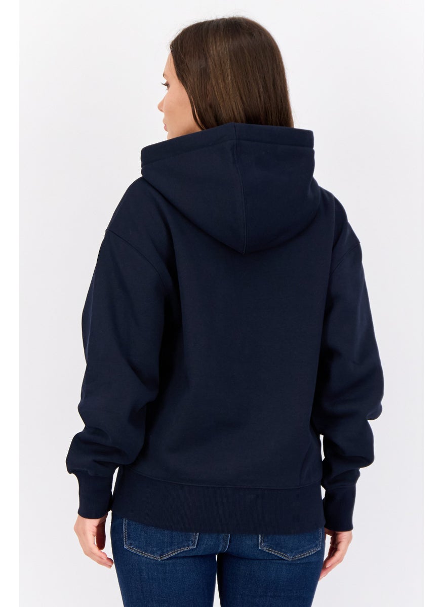 Women Hooded Long Sleeves Brand Logo Sweatshirt, Marine Navy