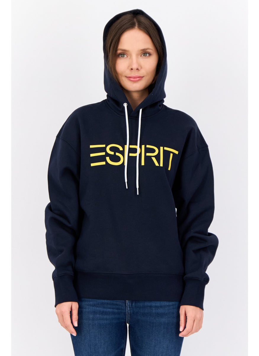Women Hooded Long Sleeves Brand Logo Sweatshirt, Marine Navy