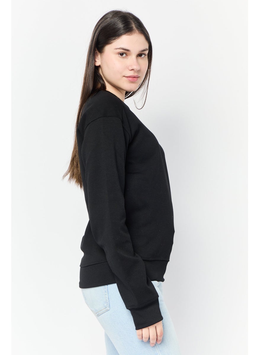 Women Crew Neck Brand Logo Long Sleeve Sweatshirts, Black