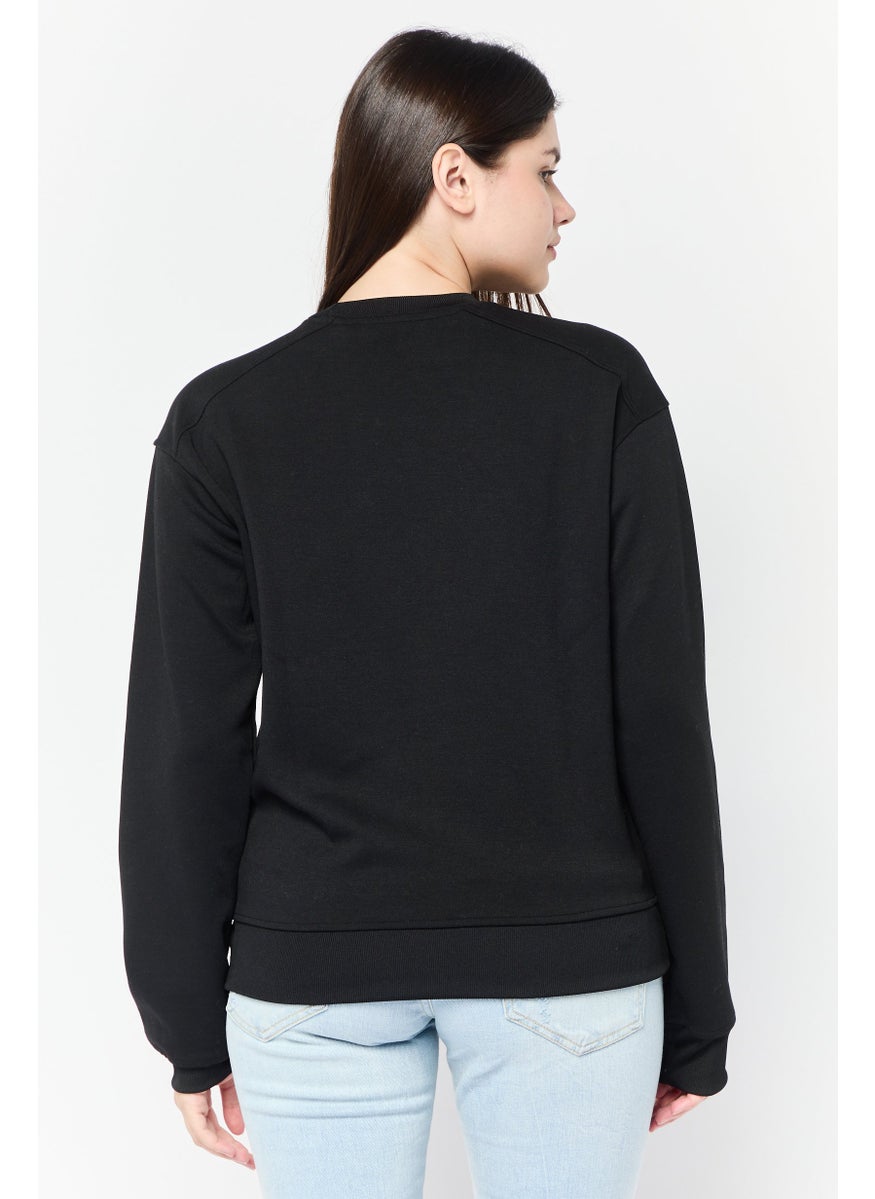 Women Crew Neck Brand Logo Long Sleeve Sweatshirts, Black