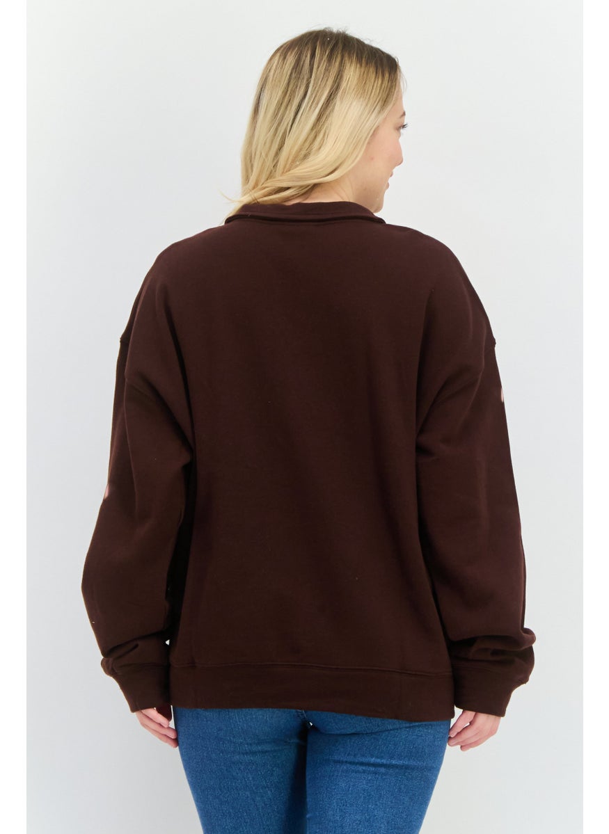 Women High Neck Long Sleeves Solid Half Zip Sweatshirt, Dark Brown