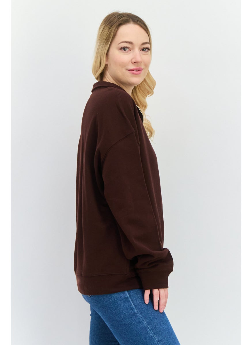 Women High Neck Long Sleeves Solid Half Zip Sweatshirt, Dark Brown