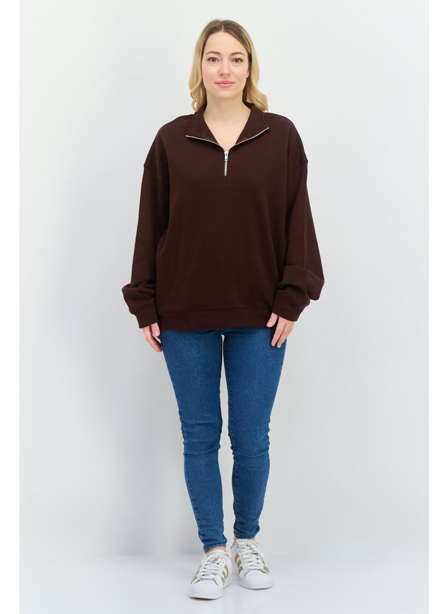 Women High Neck Long Sleeves Solid Half Zip Sweatshirt, Dark Brown