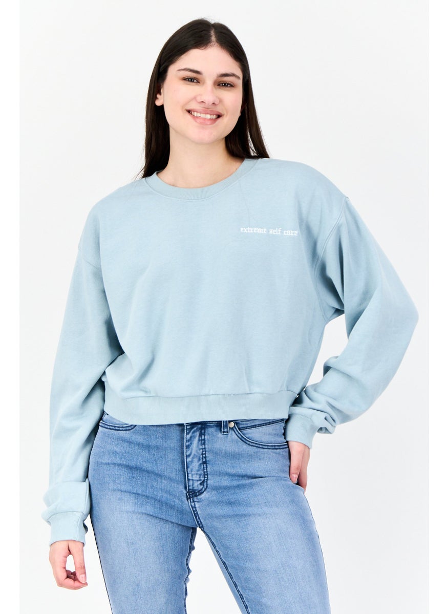 Women Crew Neck Embroidered Long Sleeve Sweatshirt, Light Blue