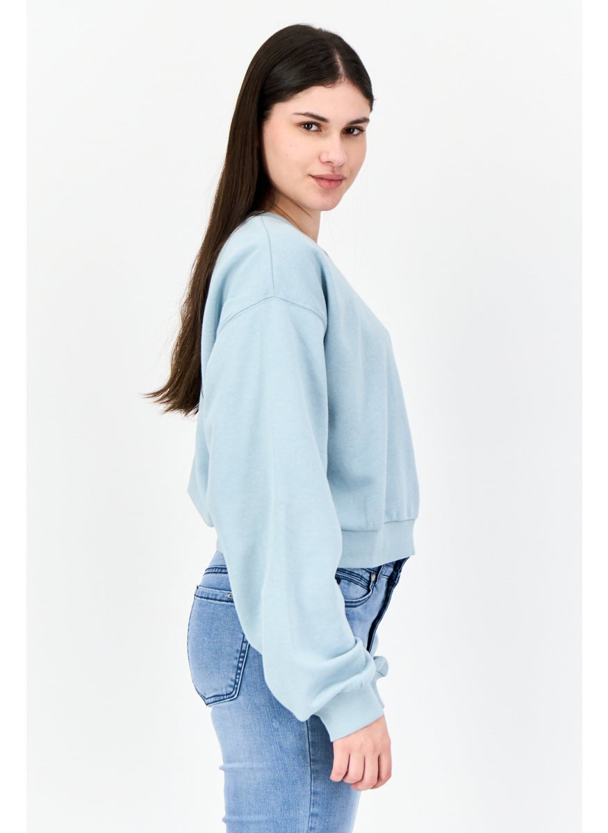 Women Crew Neck Embroidered Long Sleeve Sweatshirt, Light Blue