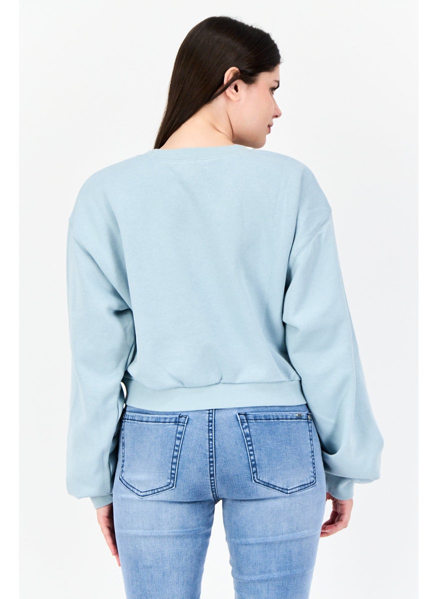 Women Crew Neck Embroidered Long Sleeve Sweatshirt, Light Blue