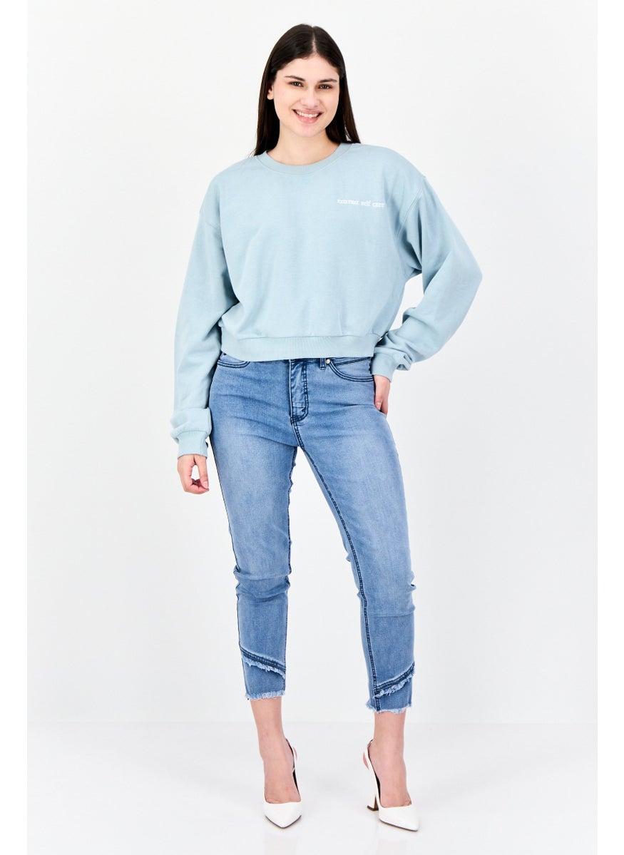 Women Crew Neck Embroidered Long Sleeve Sweatshirt, Light Blue