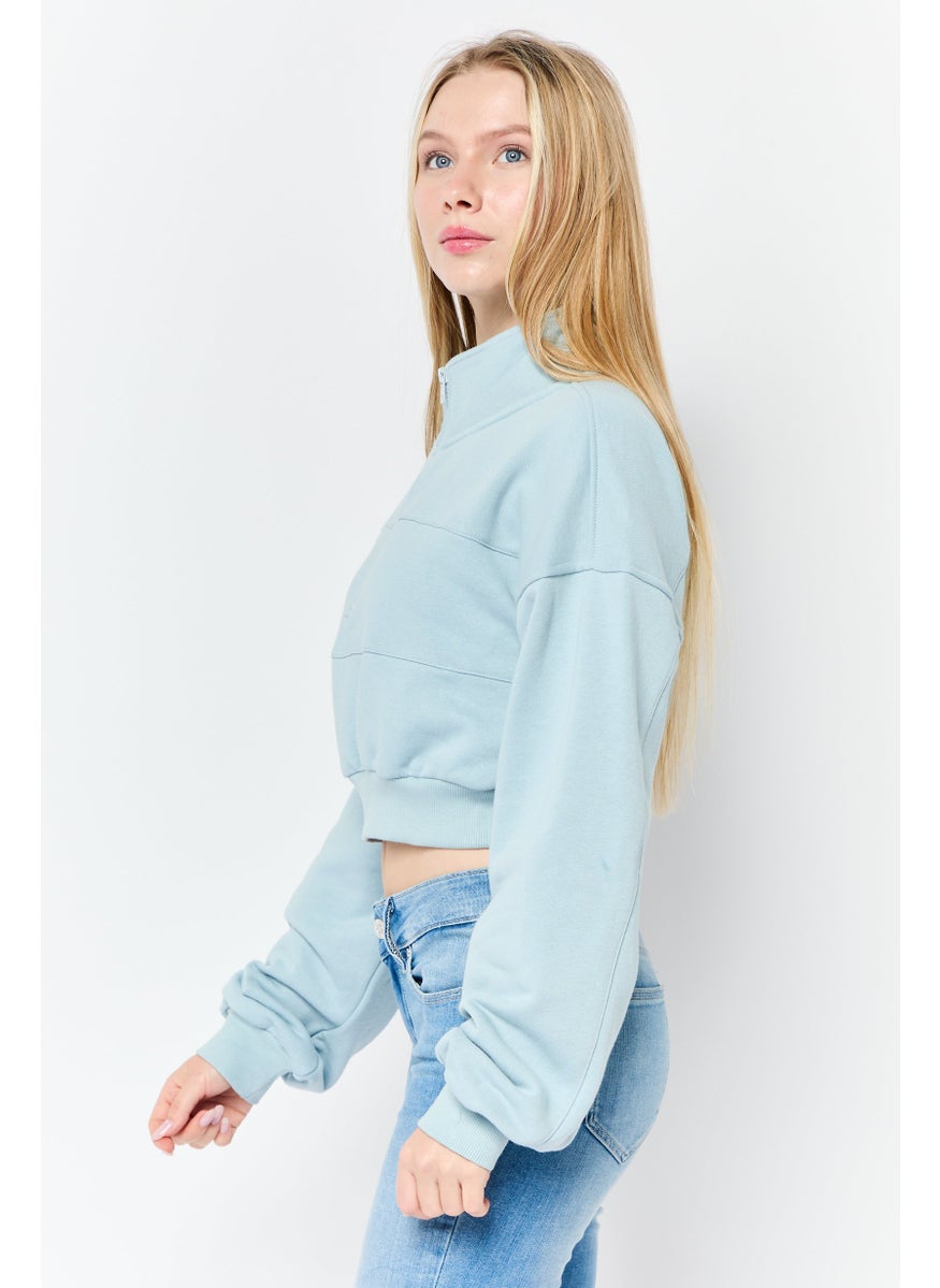 Women Mock Neck Solid Long Sleeves Sweatshirt, Sky Blue