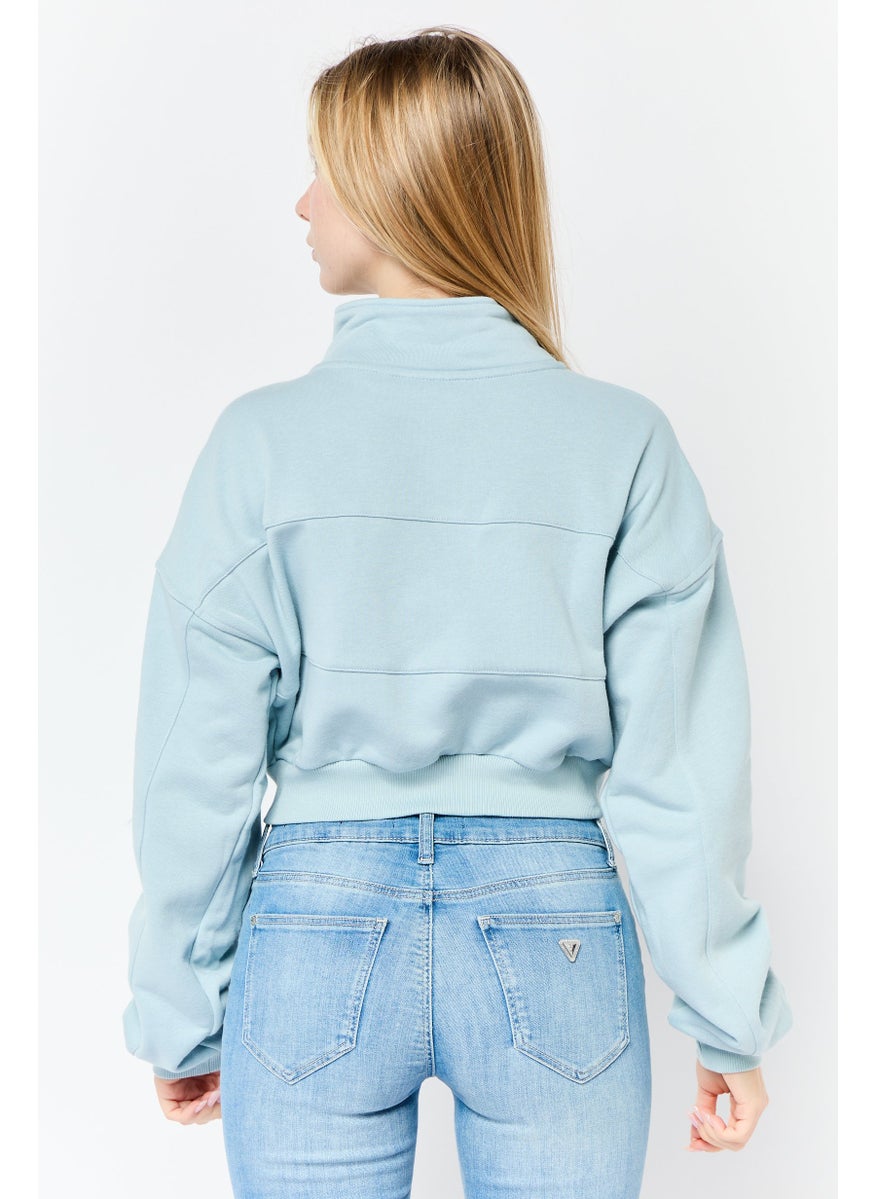Women Mock Neck Solid Long Sleeves Sweatshirt, Sky Blue