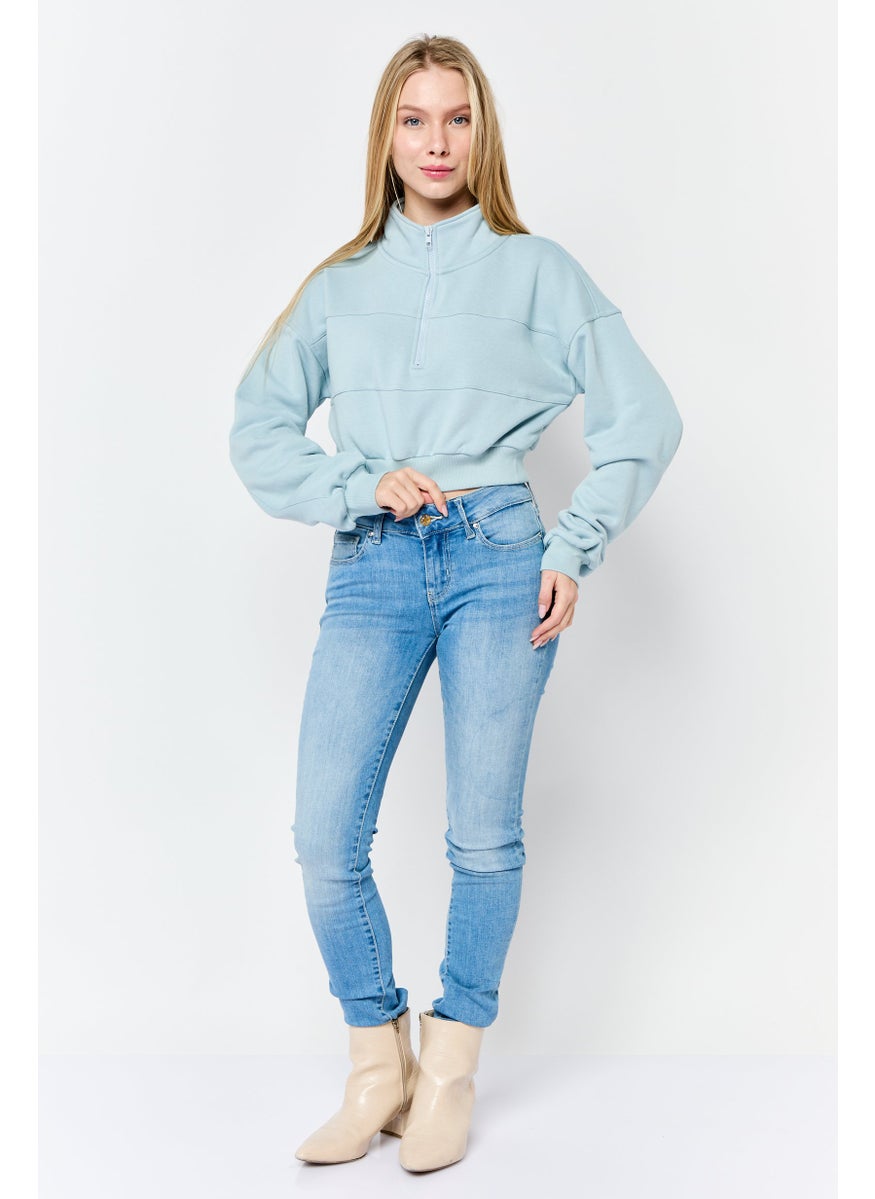 Women Mock Neck Solid Long Sleeves Sweatshirt, Sky Blue