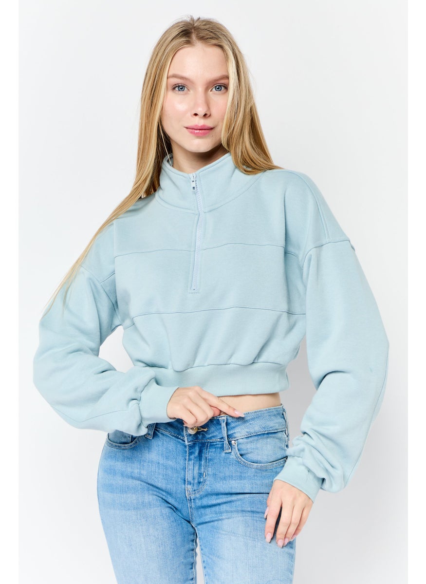 Women Mock Neck Solid Long Sleeves Sweatshirt, Sky Blue