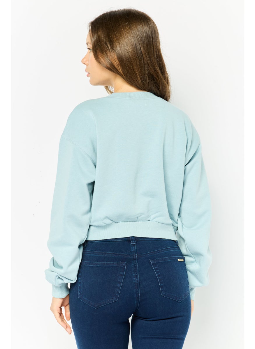 Women Crew Neck Embroidered Sweatshirt, Light Blue