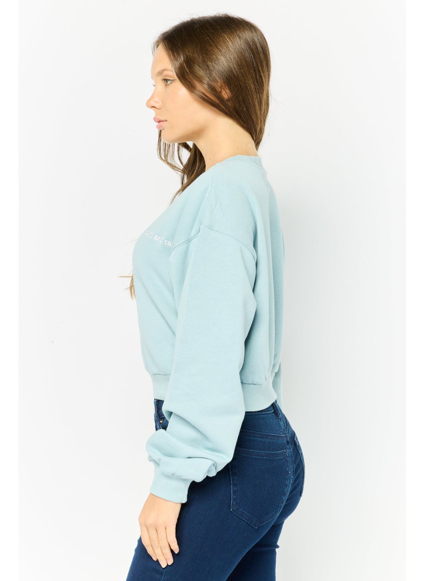 Women Crew Neck Embroidered Sweatshirt, Light Blue