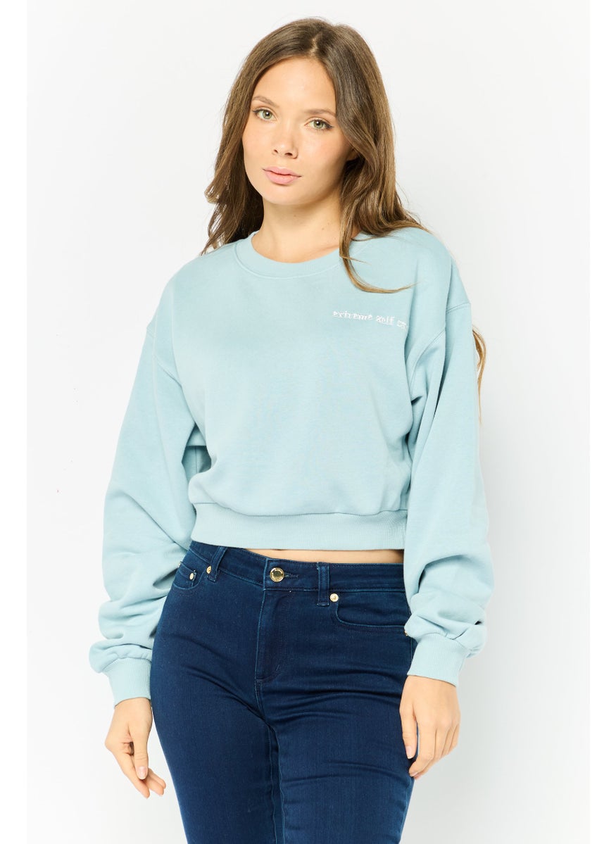 Women Crew Neck Embroidered Sweatshirt, Light Blue