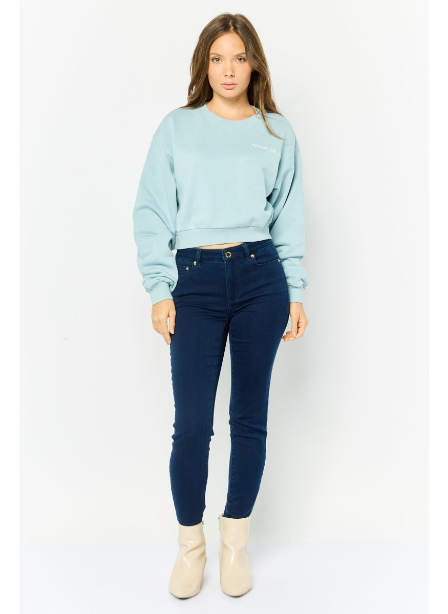 Women Crew Neck Embroidered Sweatshirt, Light Blue