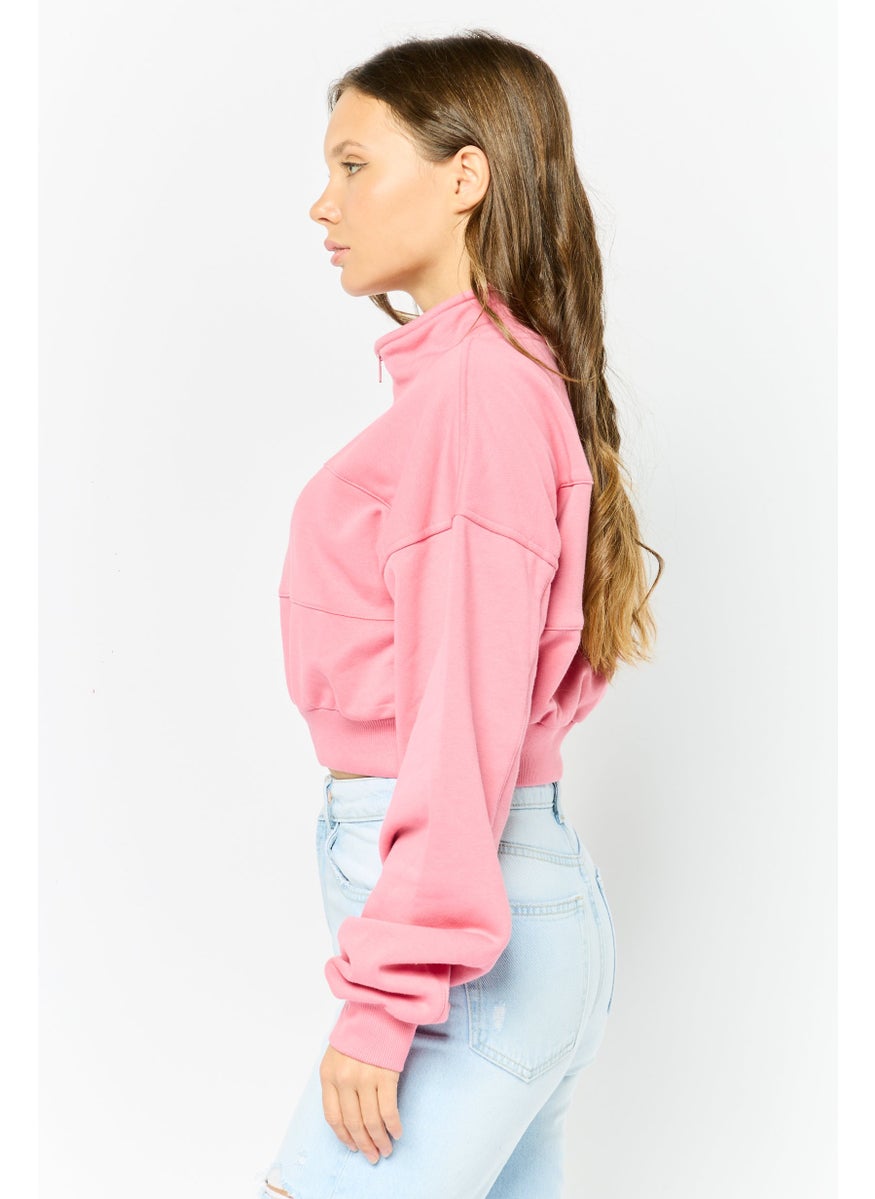 Women High Neck Plain Crop Sweatshirt, Pink
