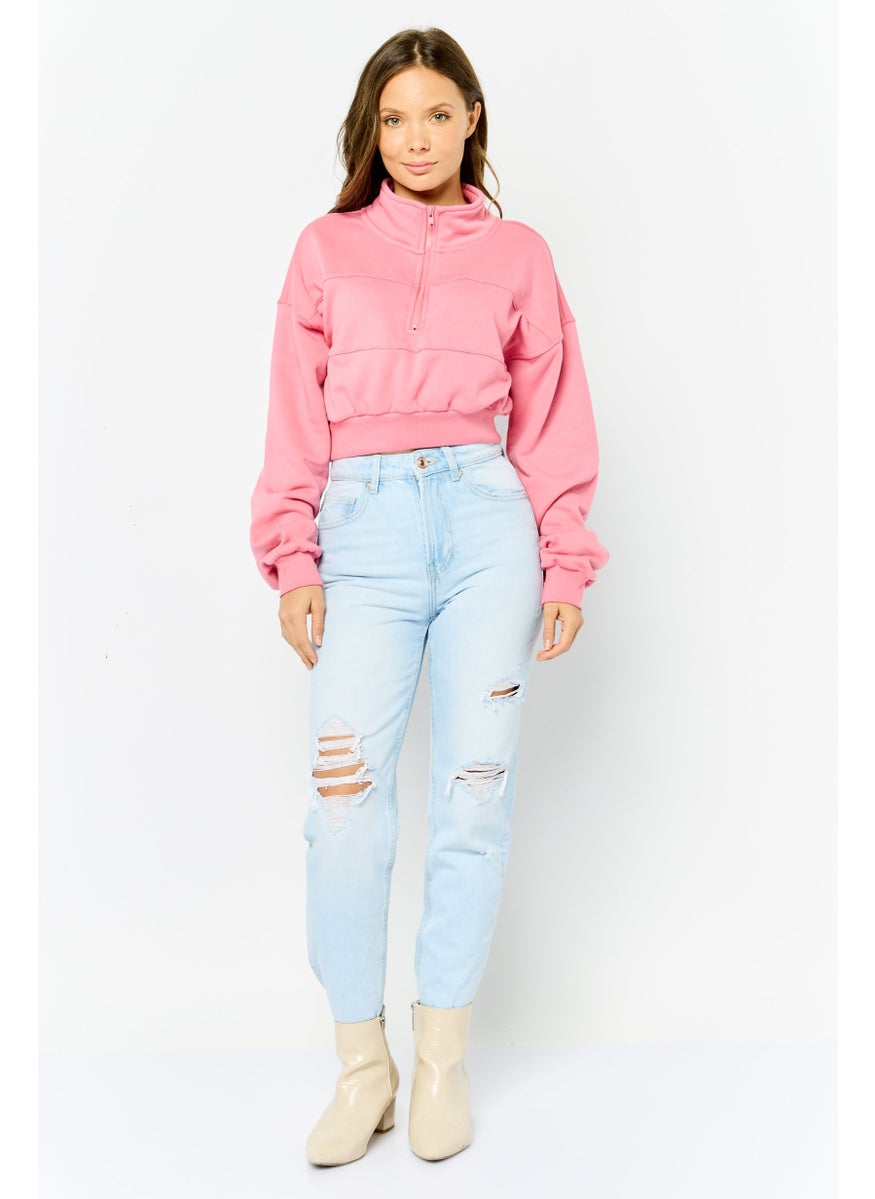 Women High Neck Plain Crop Sweatshirt, Pink