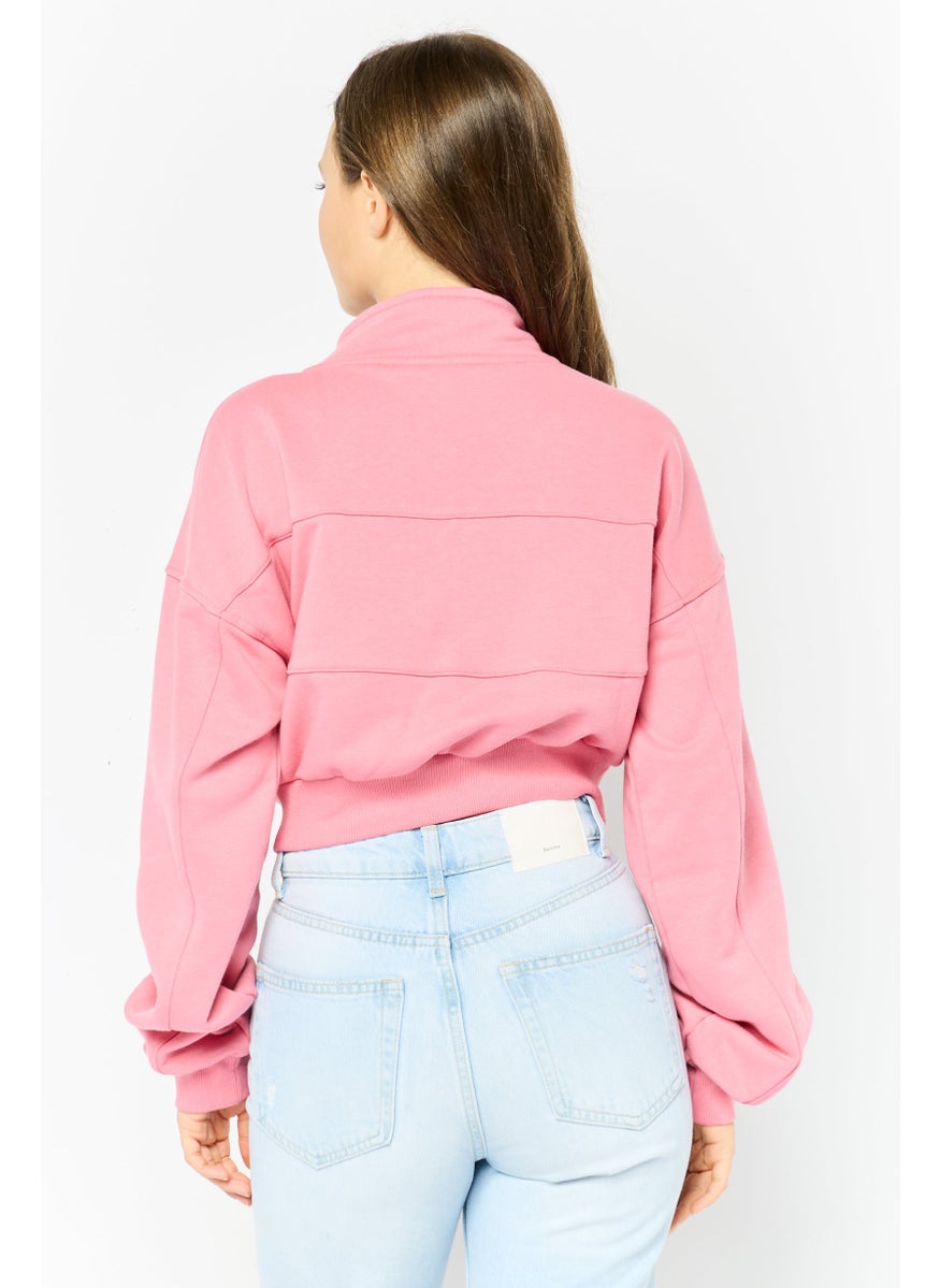Women High Neck Plain Crop Sweatshirt, Pink