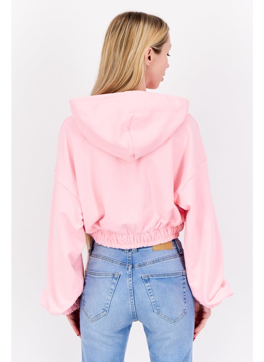 Women Long Sleeve Plain Hoodei, Pink