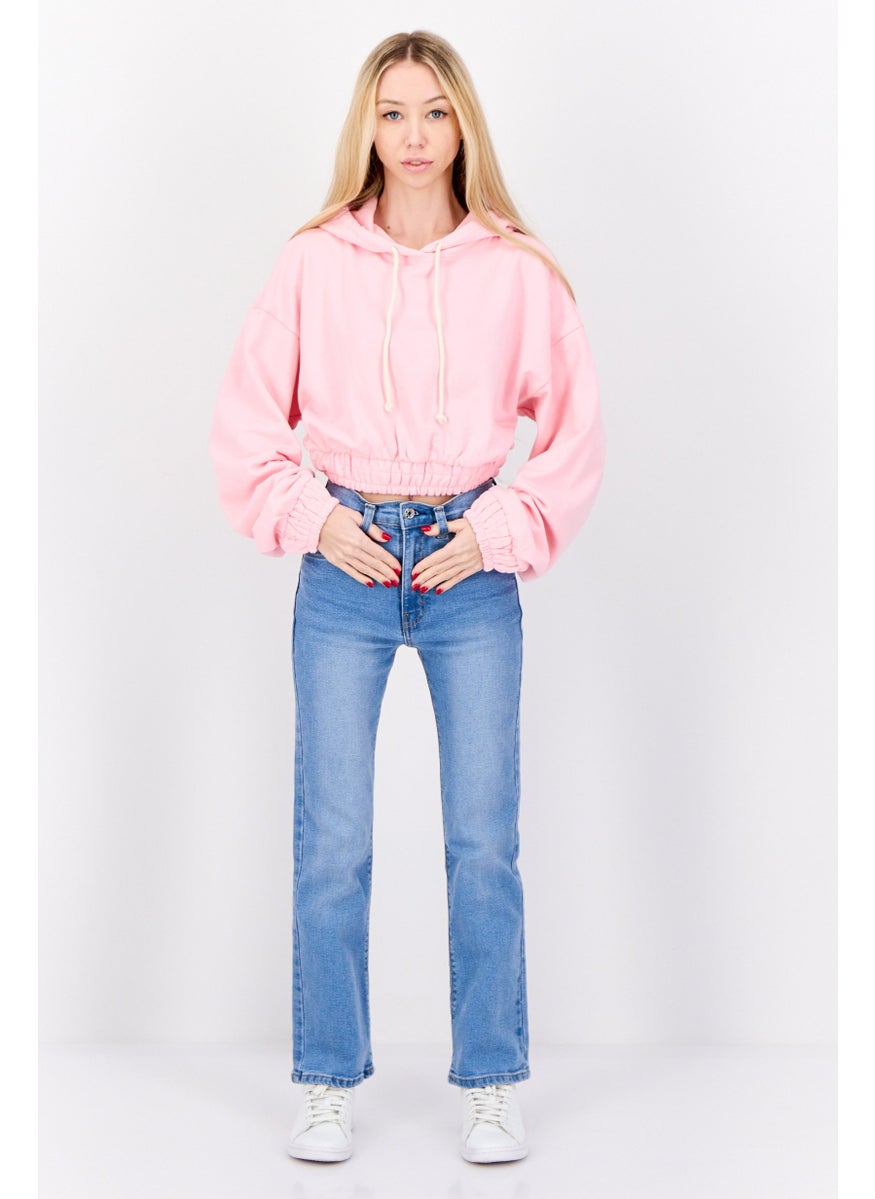 Women Long Sleeve Plain Hoodei, Pink