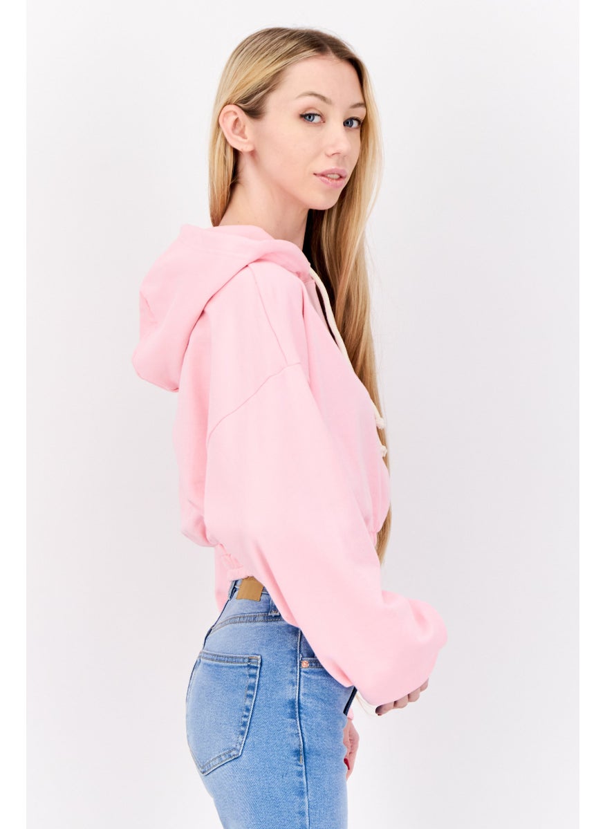 Women Long Sleeve Plain Hoodei, Pink