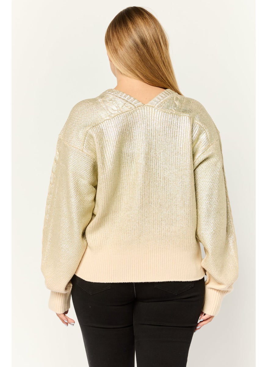 Women Round Neck Textured Long Sleeves Crop Sweatshirt, Gold