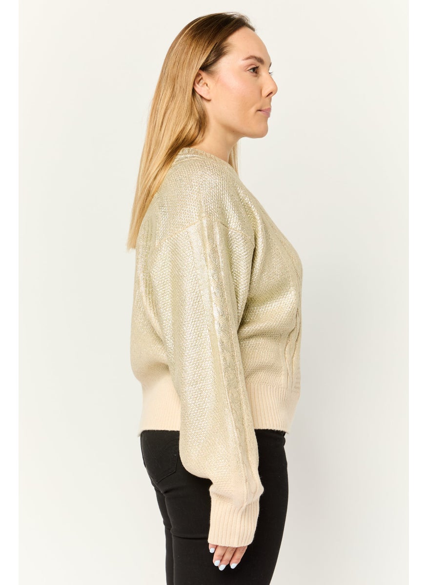 Women Round Neck Textured Long Sleeves Crop Sweatshirt, Gold