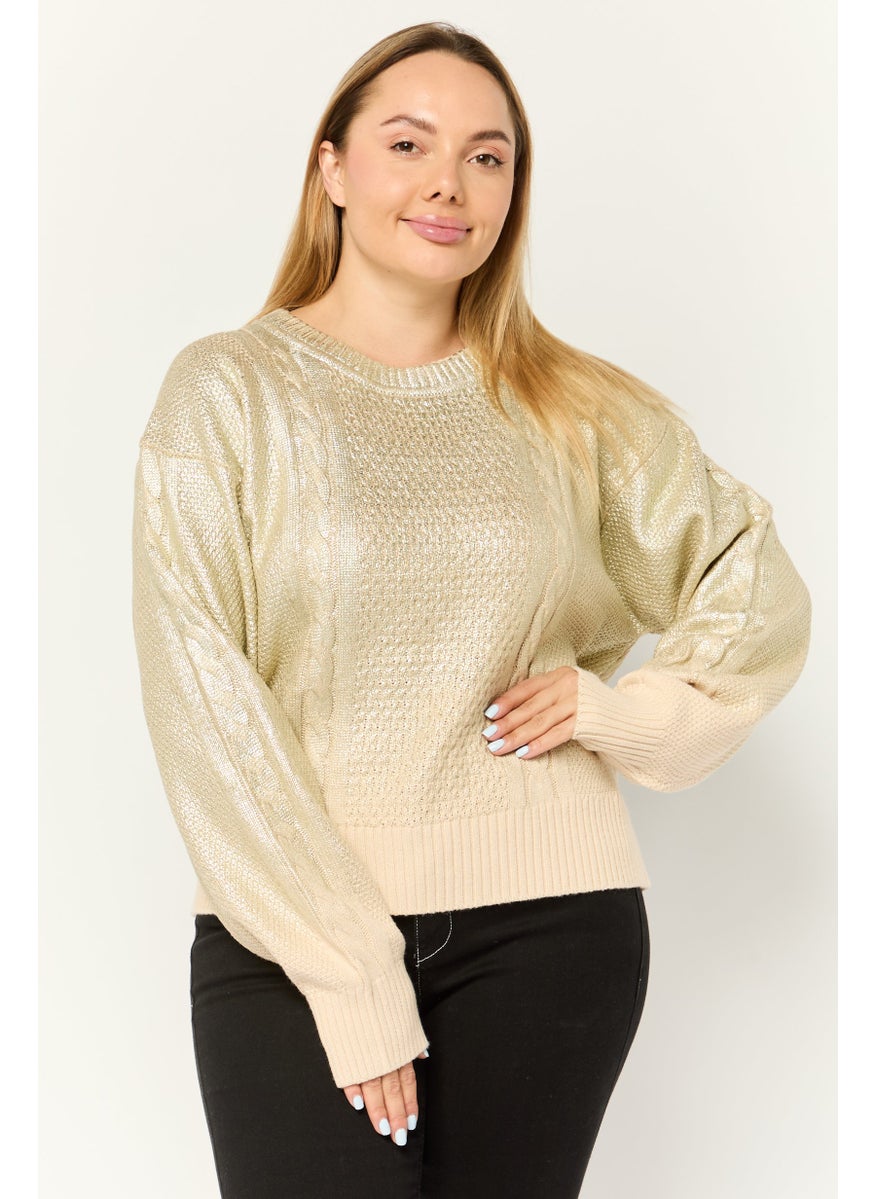 Women Round Neck Textured Long Sleeves Crop Sweatshirt, Gold