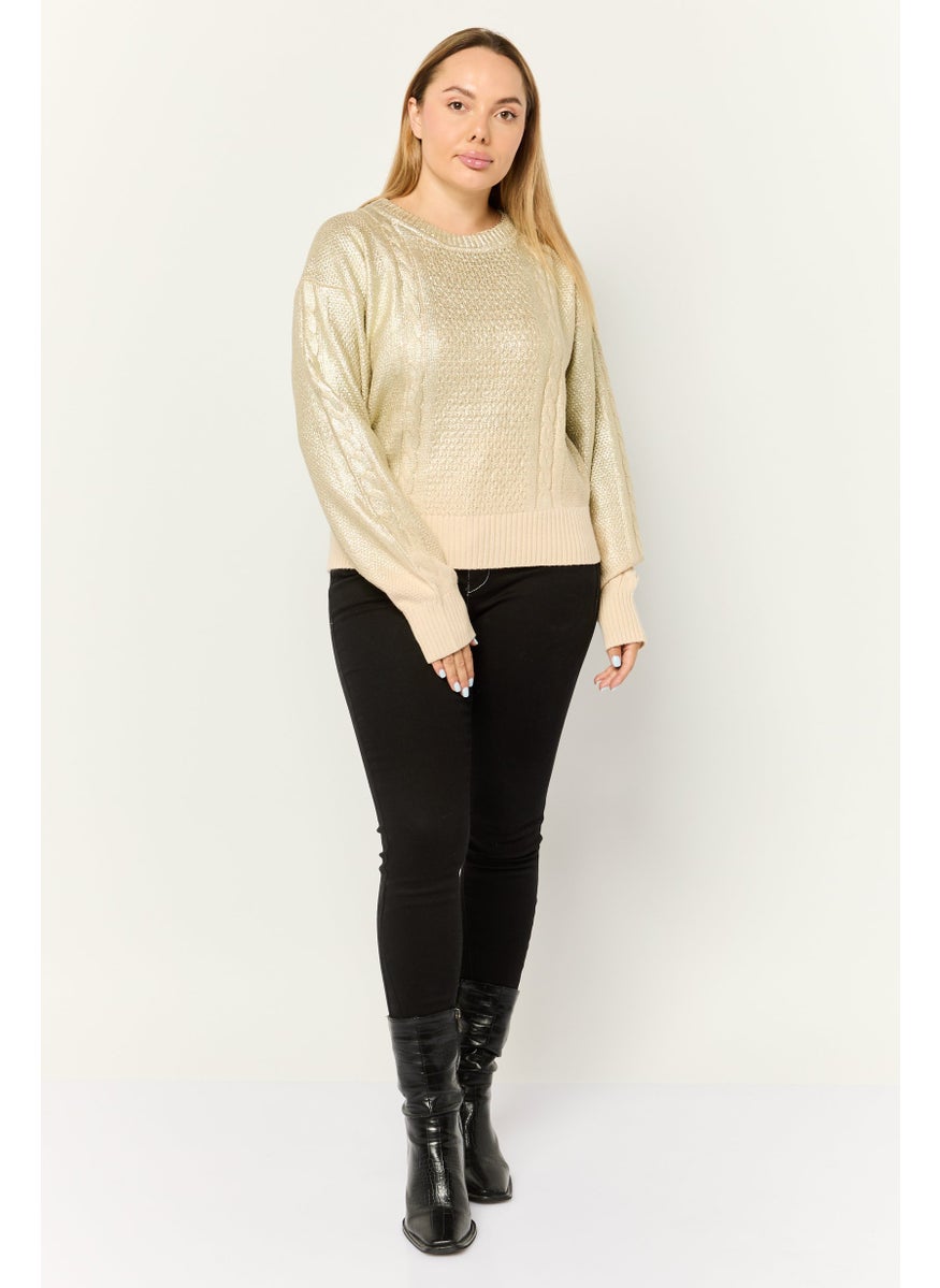Women Round Neck Textured Long Sleeves Crop Sweatshirt, Gold