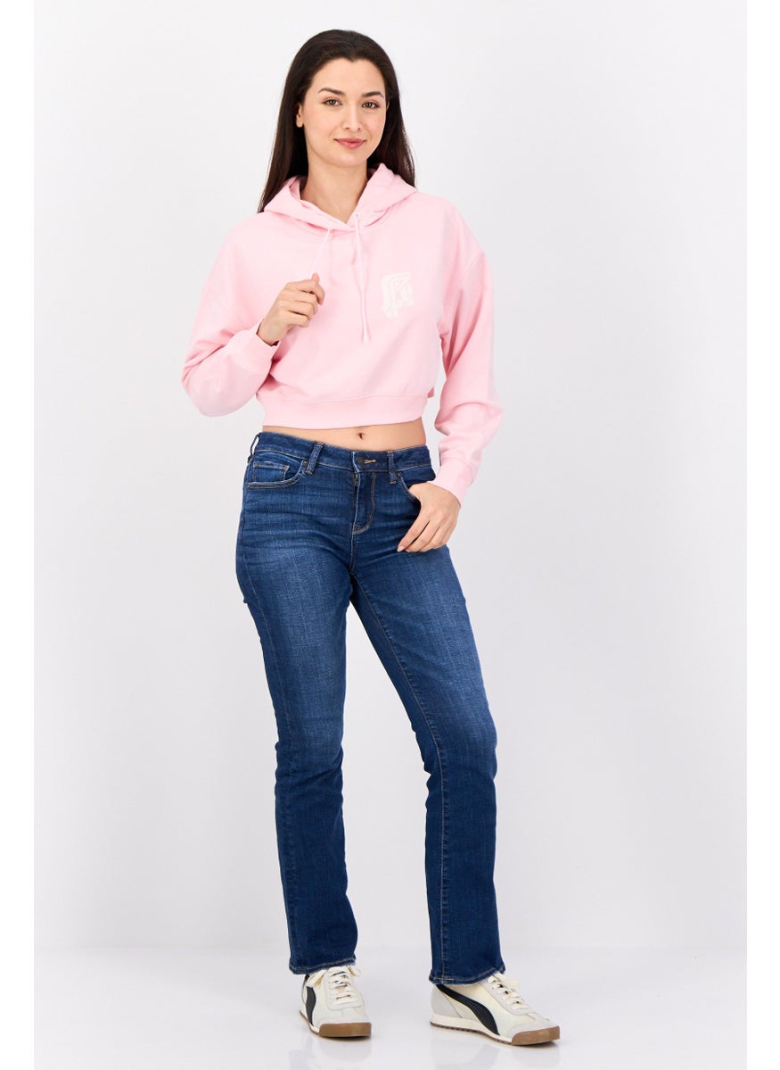 Women Hooded Brand Logo Long Sleeve Sweatshirt, Pink