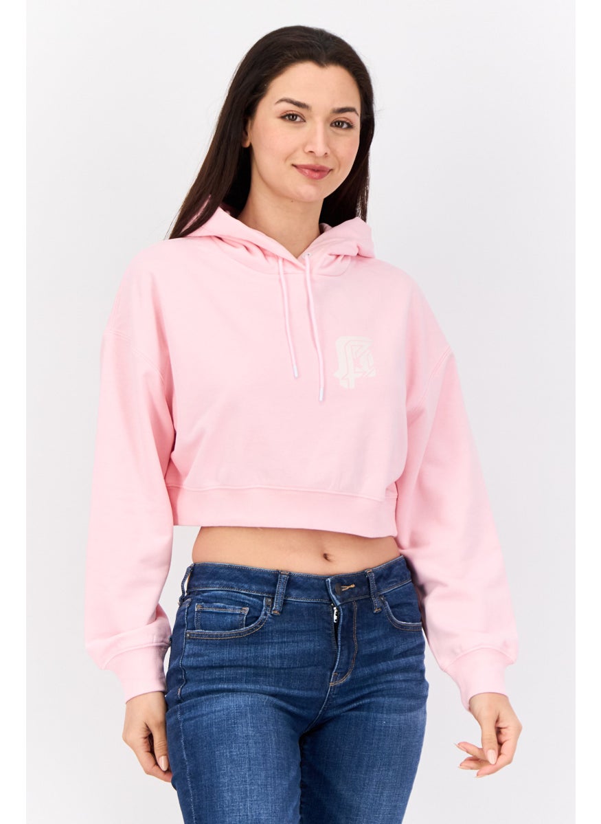 Women Hooded Brand Logo Long Sleeve Sweatshirt, Pink