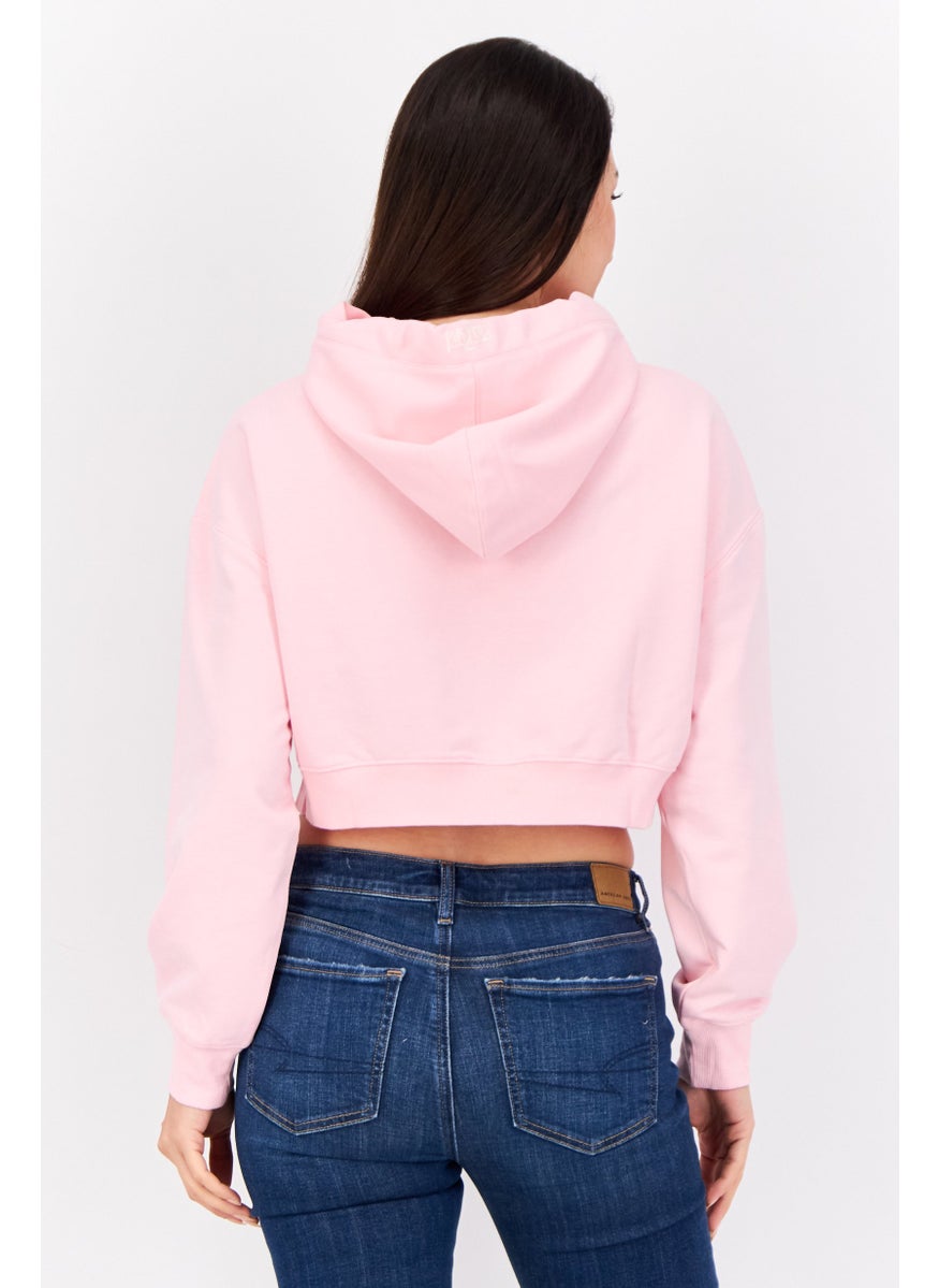 Women Hooded Brand Logo Long Sleeve Sweatshirt, Pink