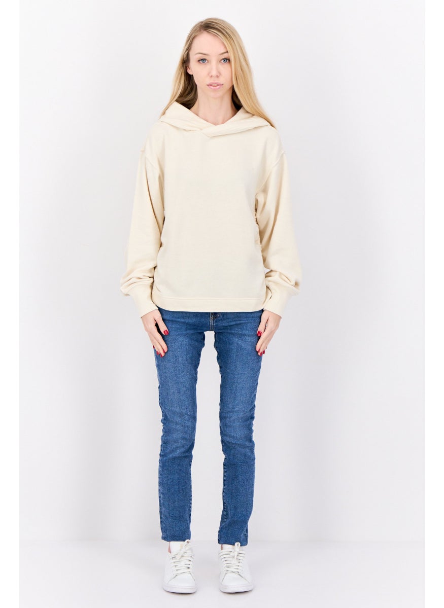 Women Hooded  Solid Ruched Long Sleeves Sweatshirt, Beige