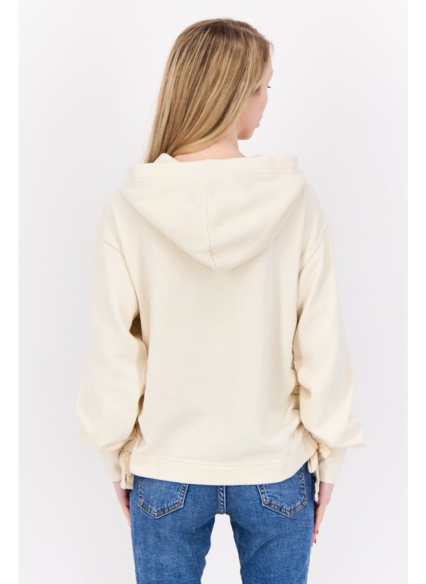 Women Hooded  Solid Ruched Long Sleeves Sweatshirt, Beige