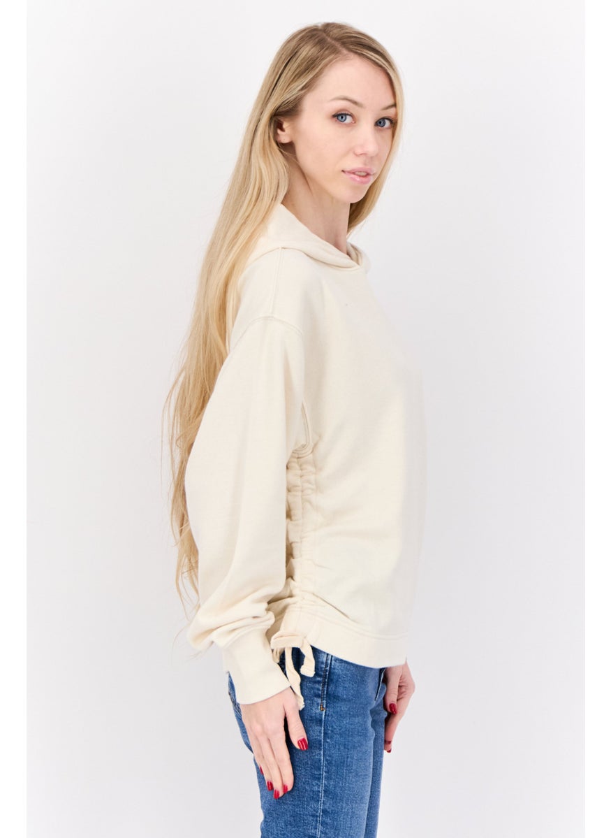 Women Hooded  Solid Ruched Long Sleeves Sweatshirt, Beige