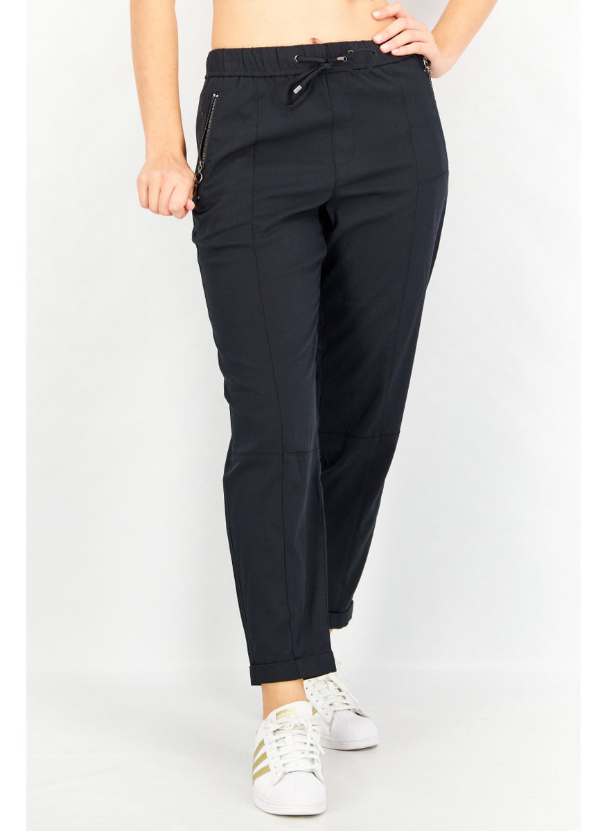 Women Drawstring Solid Pants, Black