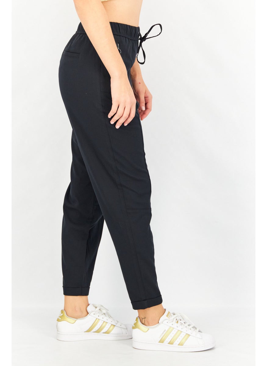 Women Drawstring Solid Pants, Black