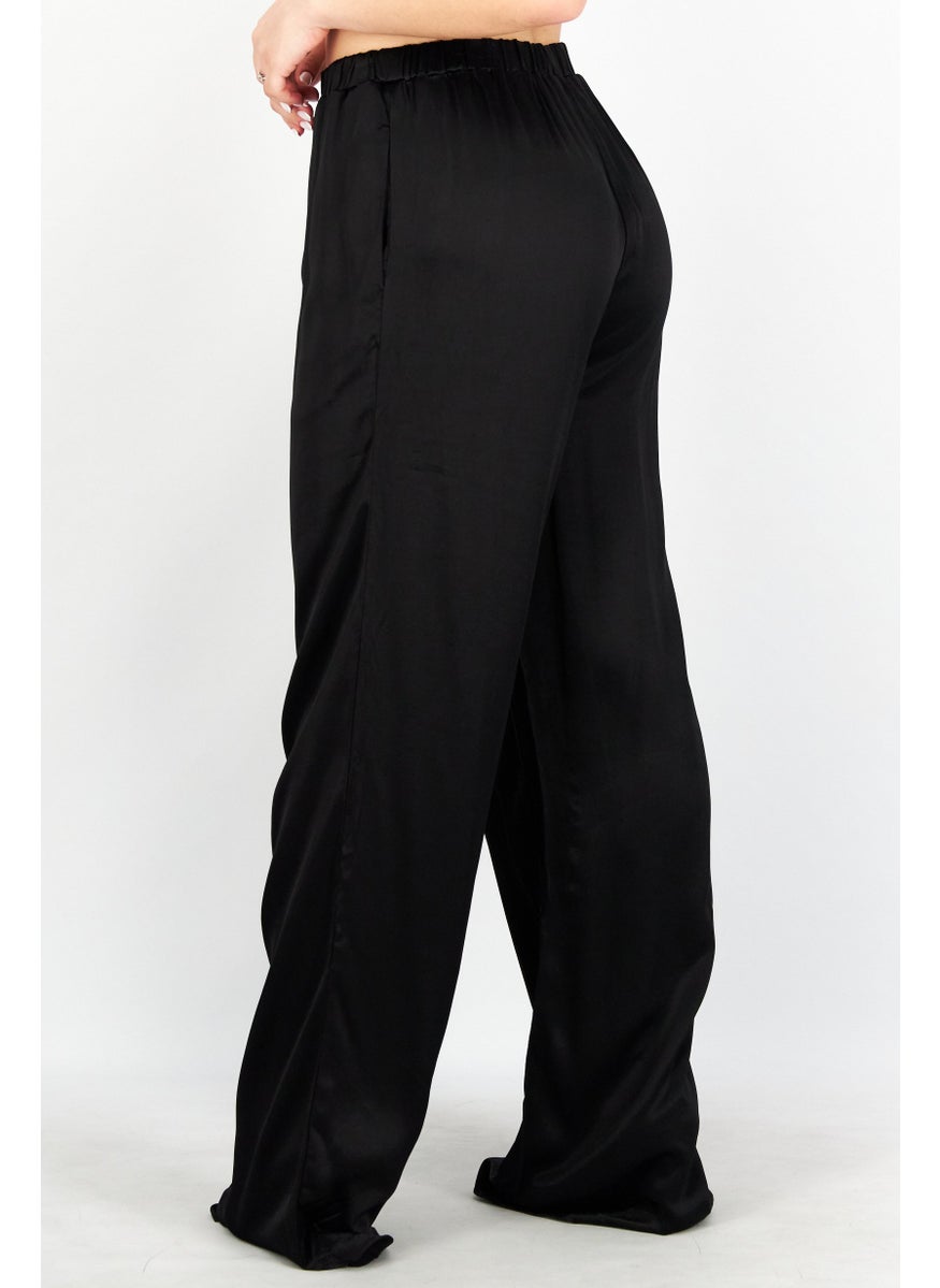 Women Straight Fit Plain Satin Pants, Black