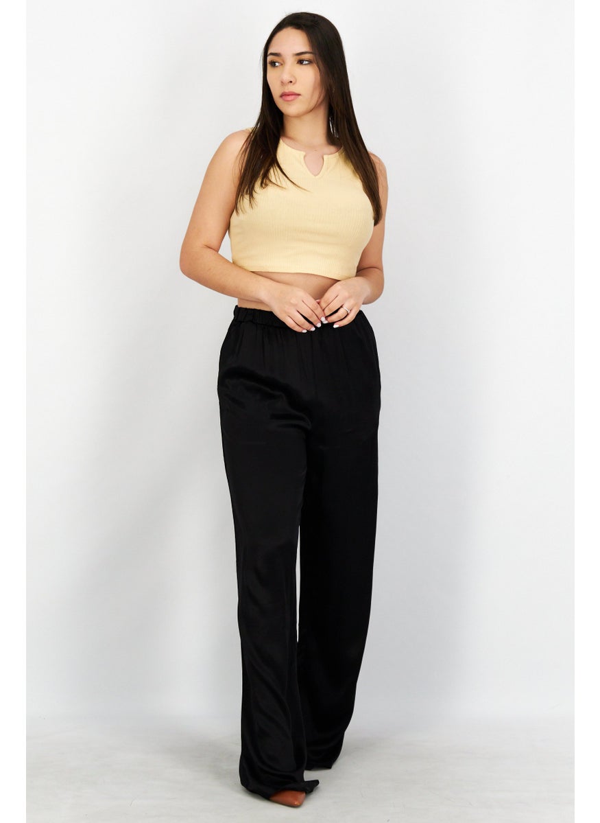 Women Straight Fit Plain Satin Pants, Black